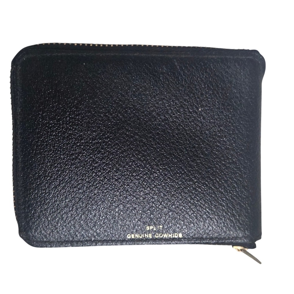 Black Split Cowhide Vintage Leather Zip Around Bifold Wallet Coin Pocket Mens